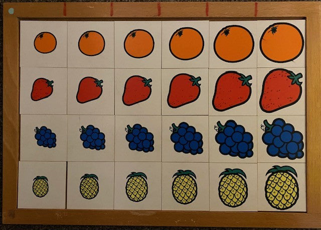 Educo begrippen lotto van klein naar groot (sinaasappel, aardbei, druif, ananas)