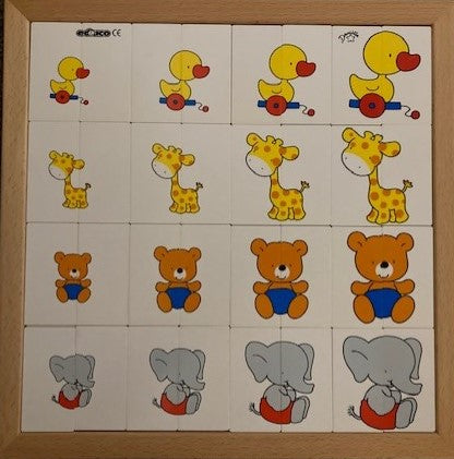 Educo begrippen lotto van klein naar groot (olifant, beer, giraf en eend)